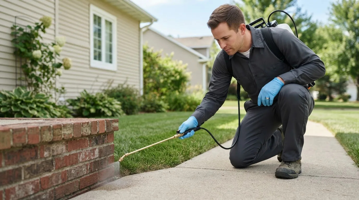 Pest control technician treating a home near Redkey, IN