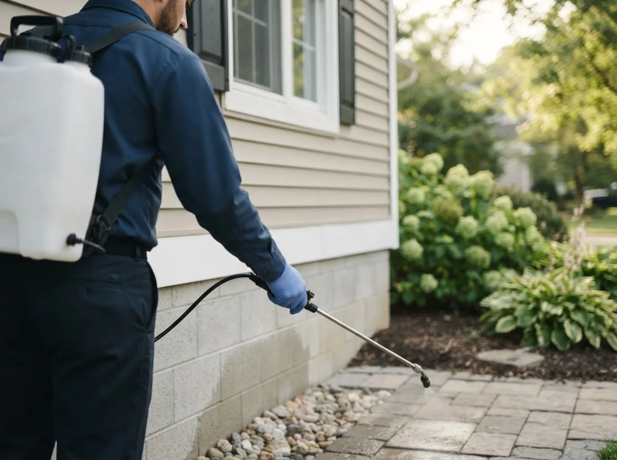 Pest control technician inspecting a home in Redkey, IN